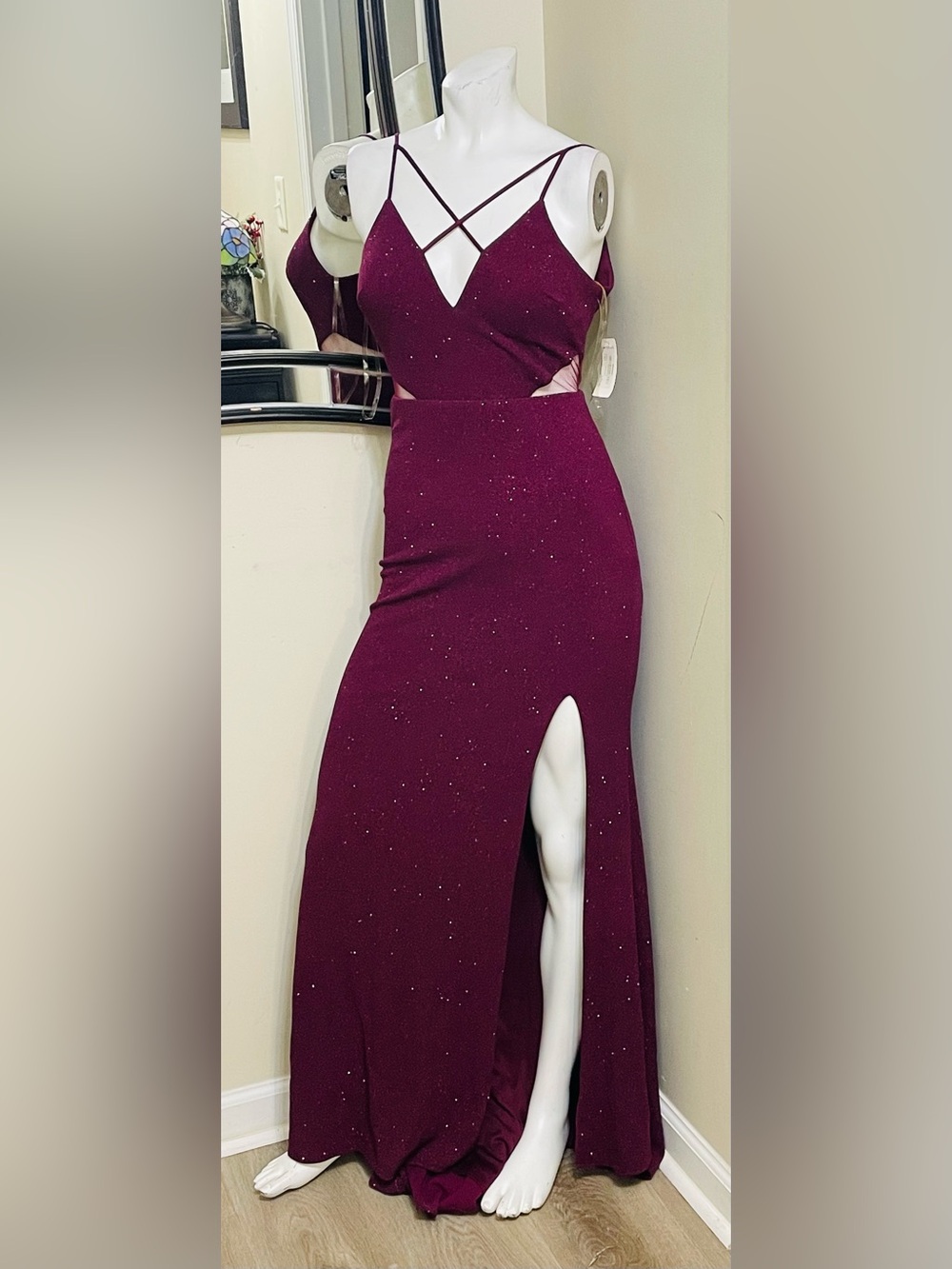 Glitter Burgundy Strappy Prom Gown